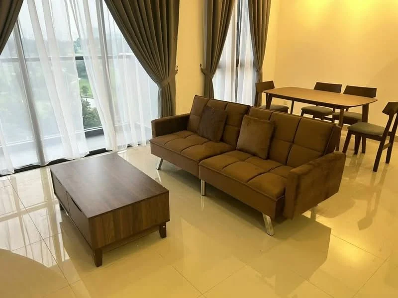Living features: brown fabric sofa with cushions, wooden coffee table, dining table with four chairs, floor-to-ceiling windows, sheer curtains, grey curtains, glossy tile flooring, light-colored walls, recessed downlights; style: modern; view: garden.