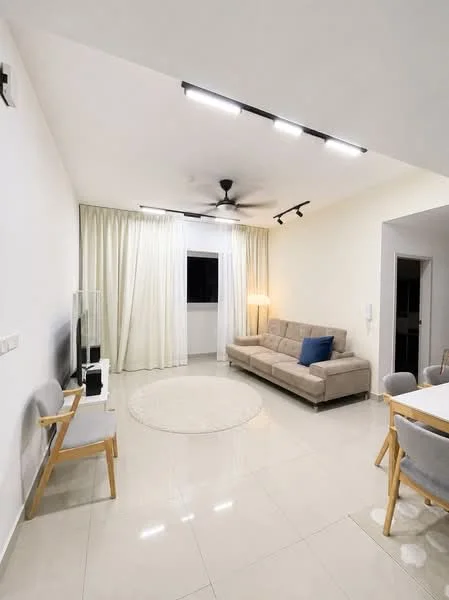 Living features: light grey fabric sofa, round area rug, white walls, recessed LED downlights, 5-blade ceiling fan with light, floor-to-ceiling windows with sheer curtains, TV console, wall-mounted TV, dining table with chairs; style: modern.