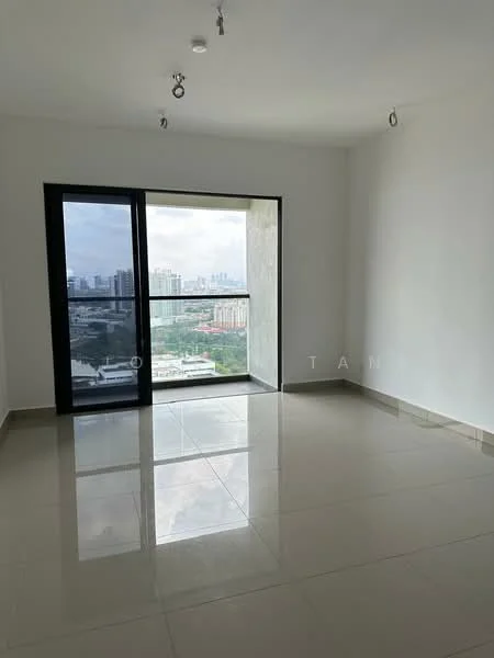 Room features: white painted walls, glossy tile flooring, floor-to-ceiling windows, city view, recessed downlights, sliding glass door, neutral color scheme, open layout; style: modern; view: city.