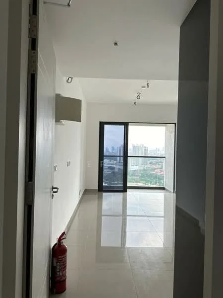 Room features: white painted walls, grey tiled flooring, floor-to-ceiling windows, track lighting, fire extinguisher, city skyline view; style: modern; view: city.
