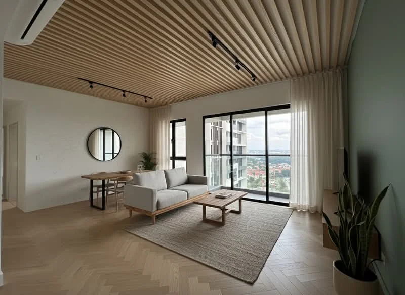 Living features: light wood herringbone flooring, exposed wooden ceiling beams, floor-to-ceiling windows, sheer curtains, round wall mirror, 2-seater fabric sofa in light grey, wood coffee table, area rug with neutral color, indoor plant in ceramic pot, wall-mounted TV, dining table for 4, track lighting; style: modern; view: city.