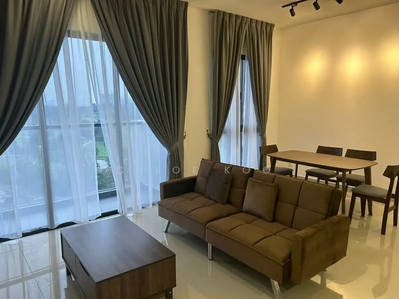 Living features: brown fabric sofa, wooden coffee table, 6-seater dining table, upholstered dining chairs, floor-to-ceiling windows, sheer curtains, grey drapes, recessed downlights, glossy tile flooring, neutral painted walls; style: modern; view: garden.