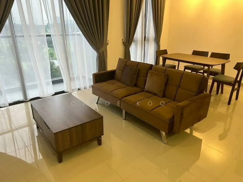 Living features: 3-seater fabric sofa in brown, coffee table in wood, dining table with 4 chairs, floor-to-ceiling windows, sheer curtains, grey drapes, polished tile flooring, warm ambient lighting; style: modern; view: garden.