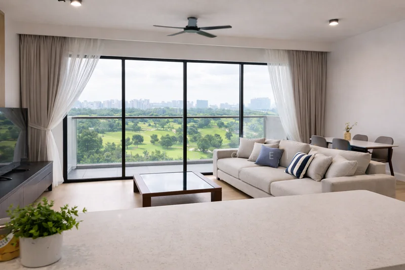 Living features: 3-seater fabric sofa in light grey, coffee table with glass top, floor-to-ceiling windows, curtains in sheer fabric, ceiling fan with light, TV console, wall-mounted TV, decorative houseplant in ceramic pot, dining table with chairs visible in background, wooden flooring, neutral painted walls; style: modern; view: garden.