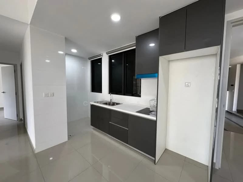 Kitchen features: grey cabinetry, white countertop, single-bowl stainless-steel sink, chrome pull-down faucet, built-in oven, 4-burner gas hob, ceramic tile flooring, recessed downlights, floor-to-ceiling windows, white tiled walls, open shelving; style: modern.