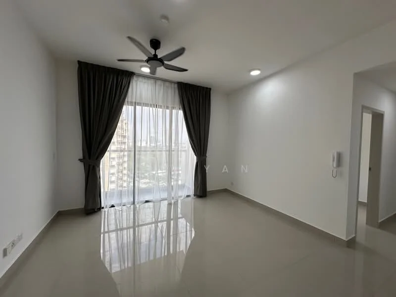 Living features: white painted walls, polished ceramic tile flooring, 5-blade ceiling fan with light, floor-to-ceiling windows, sheer curtains, dark grey curtains, recessed downlights; style: modern; view: city.