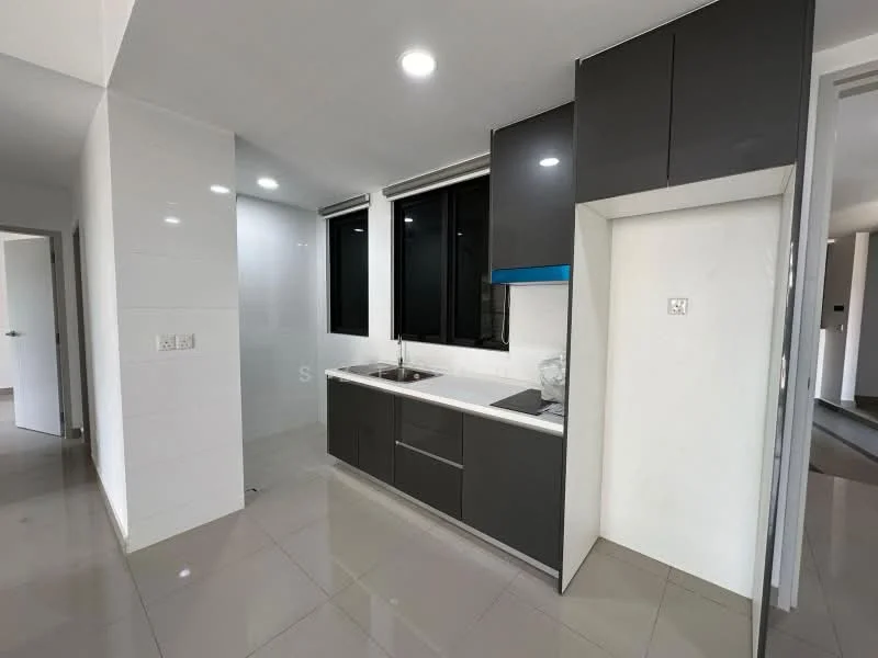 Kitchen features: grey flat-panel cabinets, white countertop, single-bowl stainless-steel sink, chrome pull-down faucet, built-in oven, 4-burner gas hob, ceramic tile backsplash, recessed LED downlights, white tiled walls, grey polished floor tiles, floor-to-ceiling windows; style: modern.