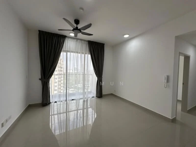 Living features: white painted walls, glossy tile flooring, 5-blade ceiling fan with light, floor-to-ceiling windows, sheer curtains, dark grey curtains, recessed downlights; style: modern; view: city.