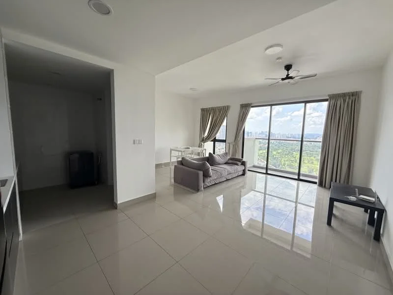 Living features: floor-to-ceiling windows, grey fabric sofa, coffee table, recessed downlights, 5-blade ceiling fan with light, white painted walls, glossy tile flooring, curtains, city view; style: modern; view: city. Room features: white painted walls, glossy tile flooring.