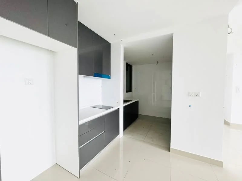 Kitchen features: white walls, grey cabinetry, blue accent on cabinetry, white countertop, built-in oven, induction cooktop, tile flooring, recessed downlights, open layout, pantry area, window for natural light; style: modern.