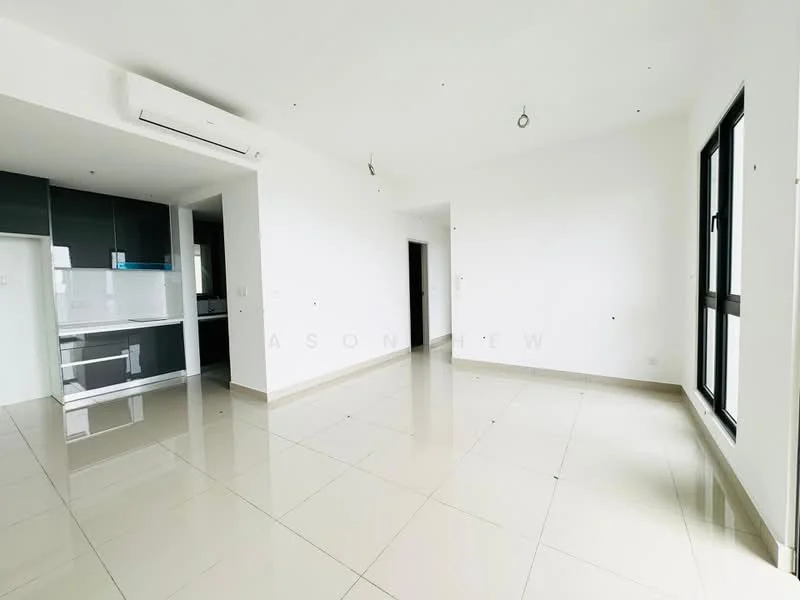 Living features: white painted walls, glossy beige tile flooring, floor-to-ceiling windows, 1 wall-mounted split AC, recessed downlights, open layout with kitchen area, neutral color scheme, no visible furniture; style: modern.