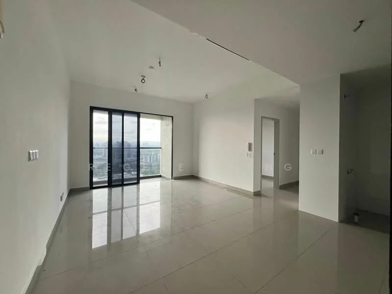 Living features: large floor-to-ceiling windows, sliding glass door, white painted walls, polished ceramic tile flooring, recessed downlights, open layout, city view, no visible furniture; style: modern; view: city.
