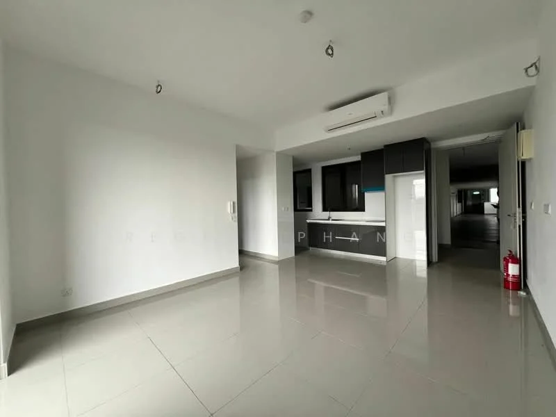 Room features: white painted walls, polished ceramic tile flooring, recessed downlights, wall-mounted split AC, open layout, kitchen area visible in background, fire extinguisher, doorway leading to another room; style: modern.