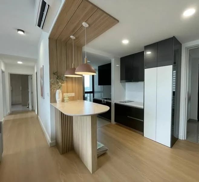 Kitchen features: white quartz countertop, wooden bar counter, black cabinetry, white cabinetry, built-in oven, stainless-steel sink, chrome pull-down faucet, pendant lighting, open shelving, vinyl plank flooring, wall-mounted split AC; style: modern. Hallway features: vinyl plank flooring, white painted walls, recessed lighting.