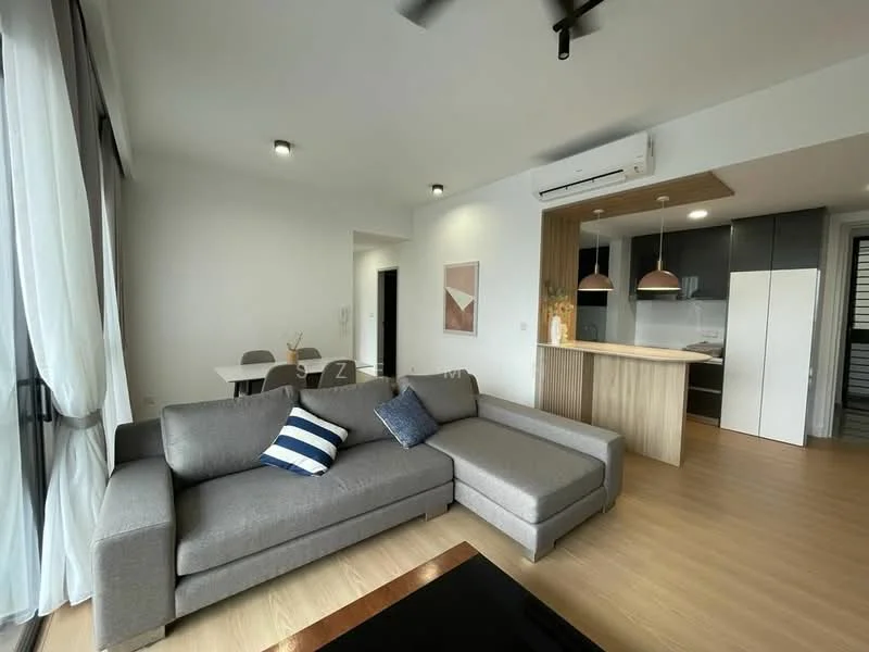 Living features: L-shape sectional sofa in grey, decorative throw pillow with stripes, coffee table, wall-mounted TV, recessed LED downlights, floor-to-ceiling windows with sheer curtains, wooden flooring, air conditioning unit, open layout to kitchen, wall art, dining table with chairs visible in background; style: modern. Kitchen features: kitchen island with bar stools, built-in oven, stainless-steel fridge, white cabinetry, black countertop, pendant lighting above island, open shelving, ceramic tile backsplash; style: modern.