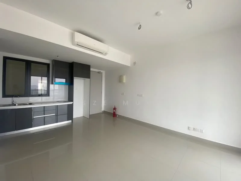 Room features: white painted walls, grey cabinetry, single-bowl stainless-steel sink, built-in kitchen cabinets, countertop, open layout, floor-to-ceiling windows, air conditioning unit, tile flooring, fire extinguisher, door to another room; style: modern.
