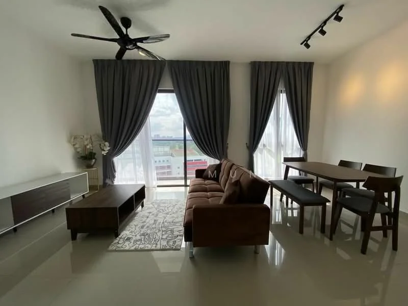 Living features: 3-seater fabric sofa in brown, coffee table in dark wood, TV console in white, area rug with geometric pattern, dining table for 6 in dark wood, 4 dining chairs in dark wood, floor-to-ceiling windows, sheer curtains, dark grey curtains, ceiling fan with light, recessed LED downlights, polished tile flooring; style: modern; view: city.