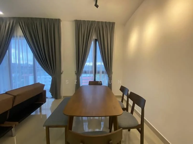 Dining features: dining table with wooden surface, 4 wooden dining chairs, grey upholstered bench, floor-to-ceiling windows, sheer curtains, grey drapes, white painted walls, polished tile flooring, recessed downlights; style: modern; view: city. Living features: 3-seater fabric sofa in brown, coffee table, floor-to-ceiling windows, sheer curtains, grey drapes, white painted walls, polished tile flooring, recessed downlights; style: modern; view: city.