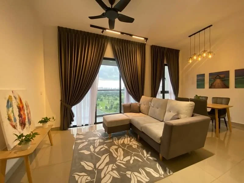 Living features: 3-seater fabric sectional sofa in grey, area rug with floral pattern, coffee table, pendant lighting with multiple bulbs, floor-to-ceiling windows, sheer curtains, blackout curtains, wall-mounted artwork, dining table with 4 chairs, ceiling fan with light, decorative plants; style: modern; view: garden.