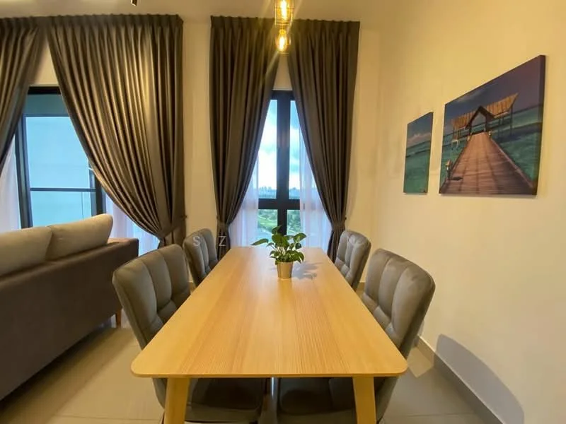 Dining features: long wooden dining table, 6 upholstered dining chairs, floor-to-ceiling windows, sheer curtains, blackout curtains, decorative wall art, indoor plant on table, neutral wall color, recessed downlights; style: modern; view: garden. Living features: fabric sofa, neutral color upholstery; style: modern; view: garden.