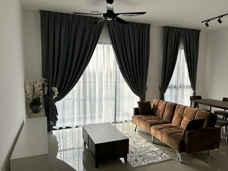 Living features: 3-seater brown fabric sofa, coffee table, area rug with geometric pattern, floor-to-ceiling windows, sheer curtains, blackout curtains, ceiling fan with light, wall-mounted lighting, decorative plant in vase, white sideboard, dining table with chairs; style: modern; view: city.