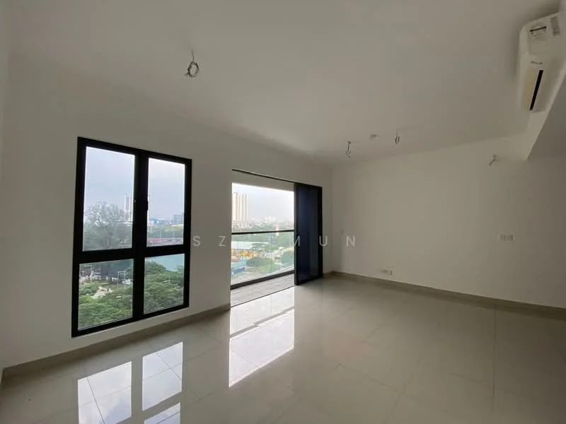 Room features: white painted walls, polished ceramic tile flooring, floor-to-ceiling windows, sliding glass door, air conditioning unit, recessed downlights, city view; style: modern; view: city.