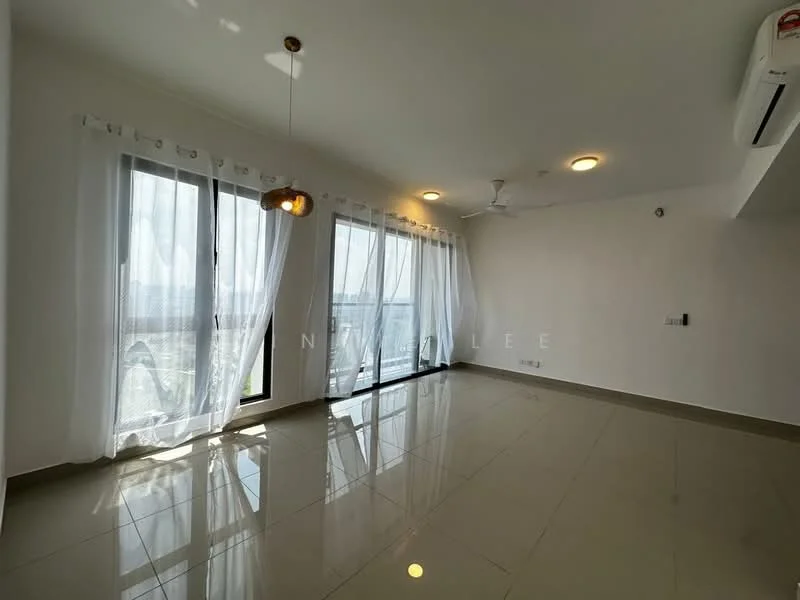 Living features: floor-to-ceiling windows, white sheer curtains, 5-blade ceiling fan, recessed downlights, pendant lamp, polished tile flooring, white painted walls, air conditioning unit; style: modern; view: city.