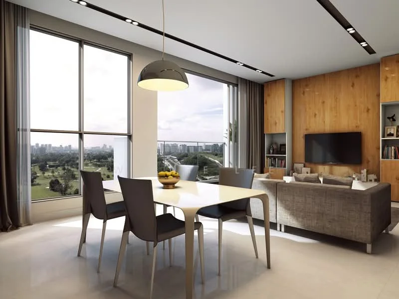Dining features: 6-seater dining table, grey upholstered dining chairs, pendant lamp, floor-to-ceiling windows, wood panel accent wall, wall-mounted TV, built-in shelving, light-coloured flooring, city view; style: modern; view: city. Living features: fabric sofa in grey, coffee table, entertainment unit, decorative items on shelves; style: modern; view: city.