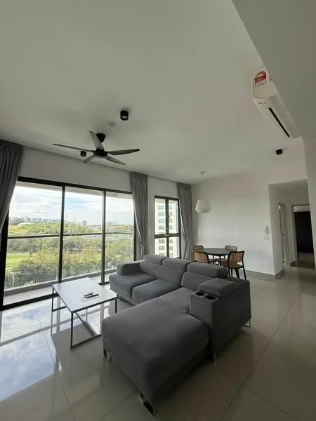 Living features: 3-seater fabric sofa in grey, coffee table, floor-to-ceiling windows, curtains, ceiling fan, recessed downlights, marble tile flooring, view of greenery, dining table for 4, wall-mounted air conditioning unit; style: modern; view: garden.