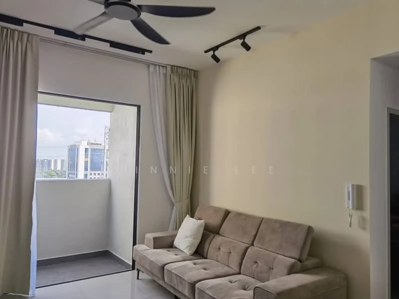 Living features: 3-seater fabric sofa in beige, floor-to-ceiling windows, sheer curtains, recessed LED downlights, 5-blade ceiling fan, neutral painted walls, tile flooring, decorative throw pillow; style: modern; view: city.