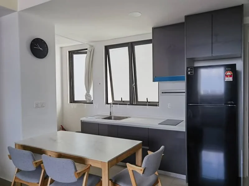 Kitchen features: grey cabinetry, white countertop, single-bowl stainless-steel sink, chrome pull-down faucet, built-in oven, stainless-steel fridge, 4-burner gas hob, wall-mounted clock, floor-to-ceiling windows, dining table with 4 chairs; style: modern.