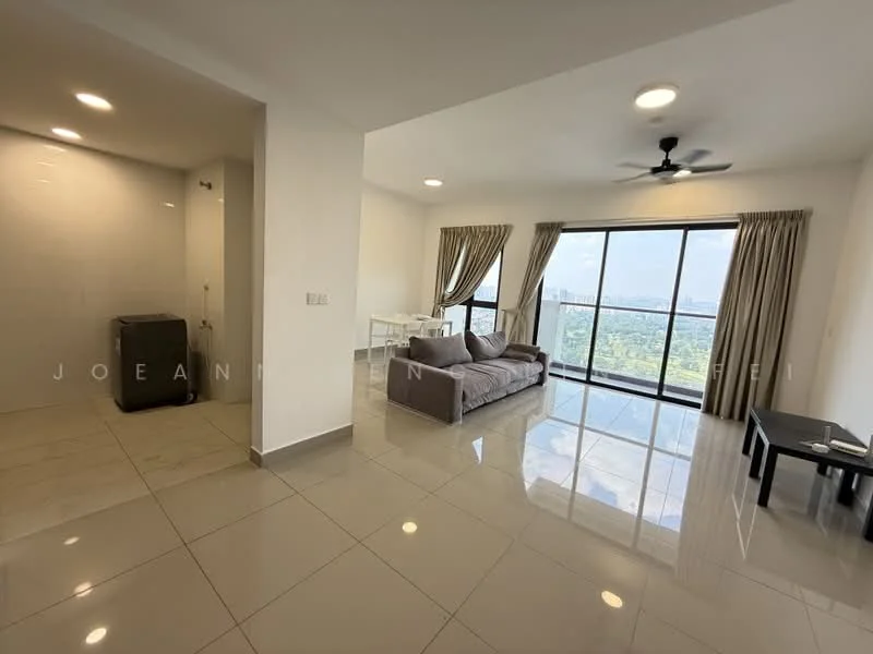 Living features: grey fabric sofa, coffee table, floor-to-ceiling windows, curtains, recessed downlights, ceiling fan, polished tile flooring, view of greenery; style: modern; view: garden. Room features: washing machine, white painted walls, tile flooring.