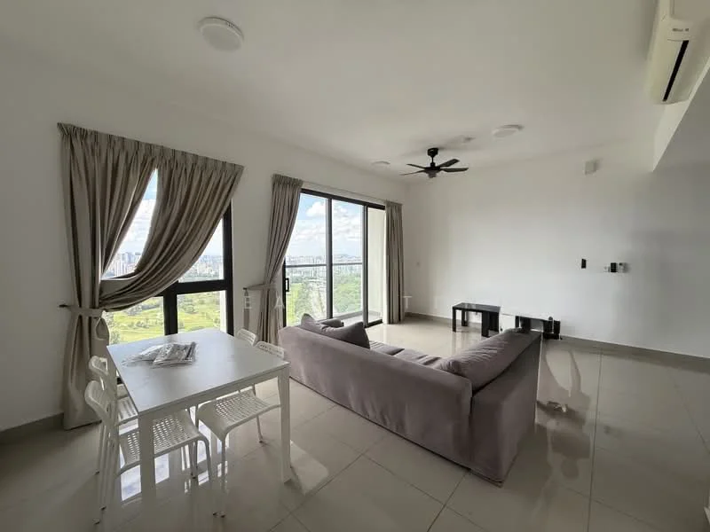 Living features: grey fabric sofa, coffee table, floor-to-ceiling windows, curtains, ceiling fan, recessed downlights, wall-mounted air conditioning unit, light-colored tiled flooring, white painted walls; style: modern; view: city. Dining features: 4-seater dining table, white plastic chairs; style: modern; view: city.
