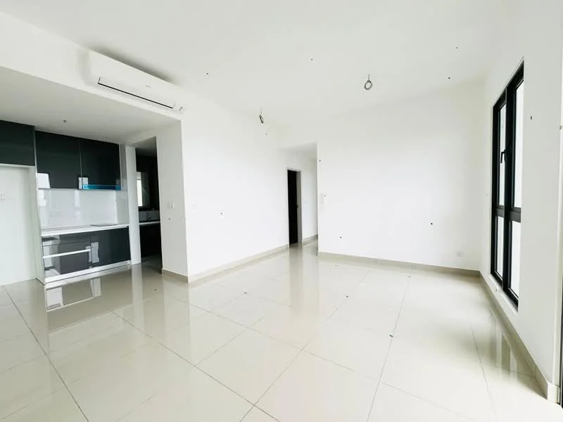 Living features: white painted walls, glossy beige tile flooring, recessed downlights, 1 wall-mounted split AC, large windows with black frames, open layout to kitchen, neutral color scheme, no visible furniture; style: modern. Kitchen features: black cabinetry, white countertop, built-in oven, stainless-steel sink, single-bowl stainless-steel sink, 4-burner gas hob, open layout to living area; style: modern.