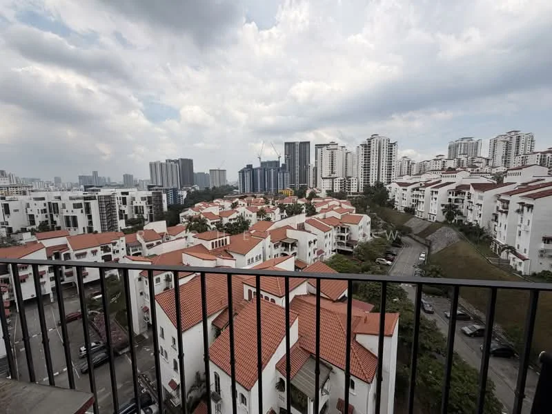 Exterior type: linked terrace house; features: red tiled roofs, white painted facade, surrounded by greenery, urban skyline in background, multi-storey buildings in distance, manicured landscaping, parking spaces visible, hillside terrain; style: modern.