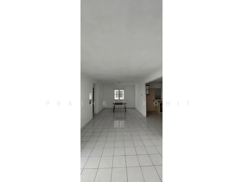 Room features: white painted walls, glossy white tile flooring, large windows, open layout, high ceiling, neutral decor, no visible furniture, bright lighting; style: modern.