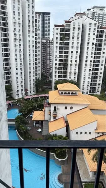 Exterior type: high-rise condominium; features: multiple high-rise buildings, swimming pool, landscaped garden, orange tiled roof, balconies on buildings, pool deck, surrounding greenery; style: modern.