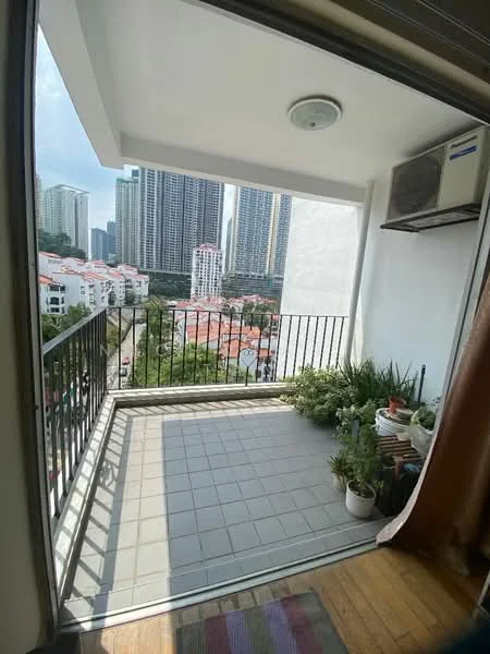 Balcony features: floor-to-ceiling sliding glass door, grey tiled flooring, metal railing, potted plants, wall-mounted air conditioning unit, city skyline view, outdoor space with natural light; style: modern; view: city.