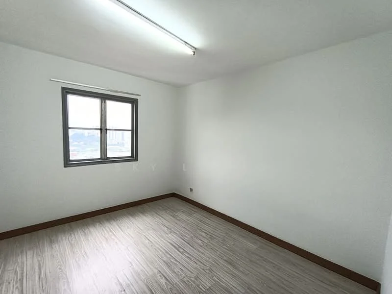 Room features: white painted walls, laminate flooring, single window, ceiling light fixture, neutral color scheme, baseboard trim; style: modern; view: city.