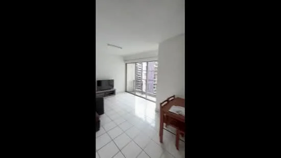 Living features: white painted walls, ceramic tile flooring, floor-to-ceiling windows, sliding glass door, curtains, sofa, TV console, wall-mounted TV, dining table, chairs, natural light, city view; style: modern; view: city.
