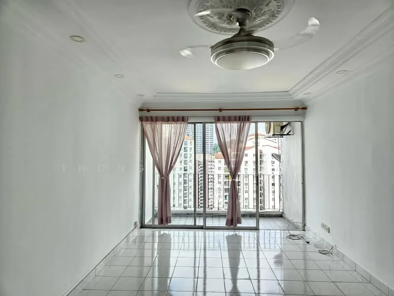 Living features: white painted walls, glossy tile flooring, 5-blade ceiling fan with light, floor-to-ceiling sliding glass door, sheer curtains, curtain rod, balcony access, crown moulding; style: modern; view: city.