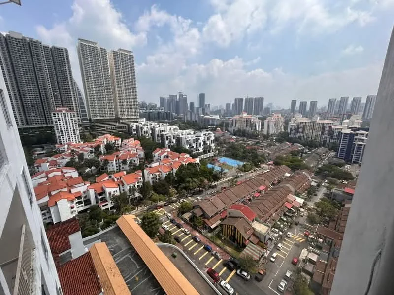 Exterior type: high-rise condominium; features: city skyline view, surrounded by residential buildings, swimming pool visible in the landscape, multi-storey buildings in the background, low-rise houses in the foreground, parking lot visible, manicured landscaping, urban setting; style: modern.
