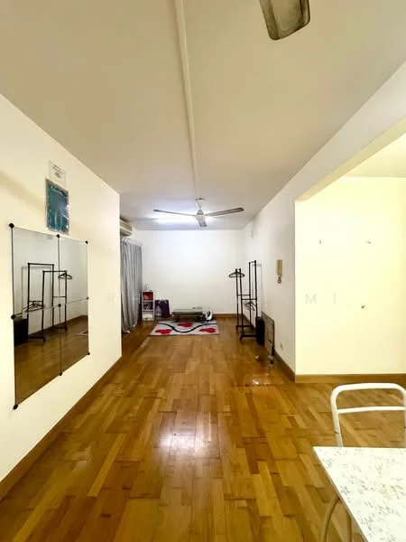 Room features: wooden flooring, white painted walls, ceiling fan, large mirror, open layout, natural light from windows, decorative area rug, clothing racks, dining table, seating area; style: minimalist.
