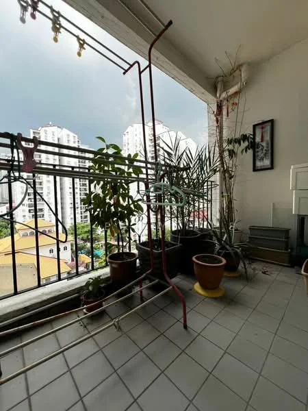 Room features: tiled flooring, metal clothes drying rack, potted plants, greenery view, balcony railing, wall-mounted plant holder, outdoor space, city skyline view; style: modern; view: city.