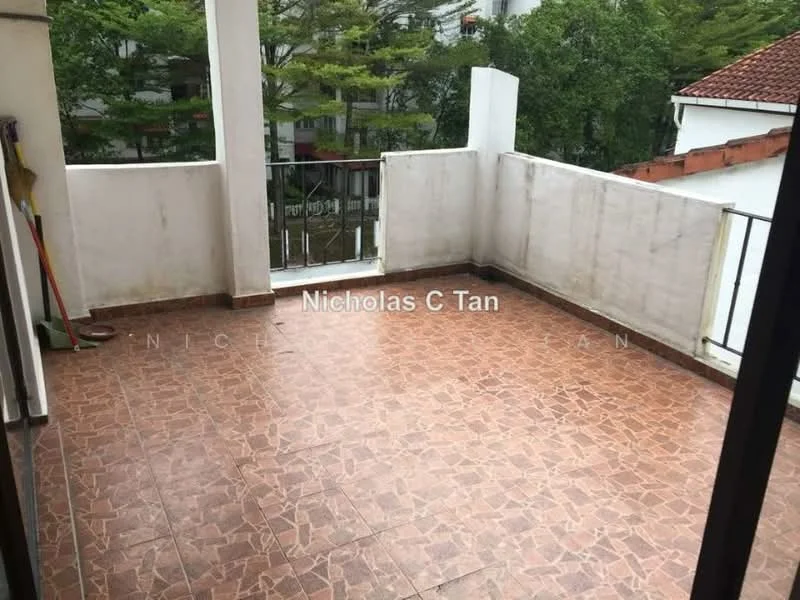 Room features: terracotta tile flooring, white painted walls, balcony railing, view of greenery, outdoor space, sliding glass door access; view: garden.