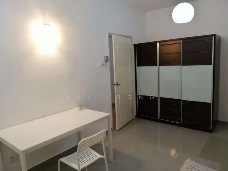 Room features: white painted walls, grey floor tiles, single light fixture, built-in wardrobe with sliding doors, white desk, white chair, minimalist decor; style: modern.