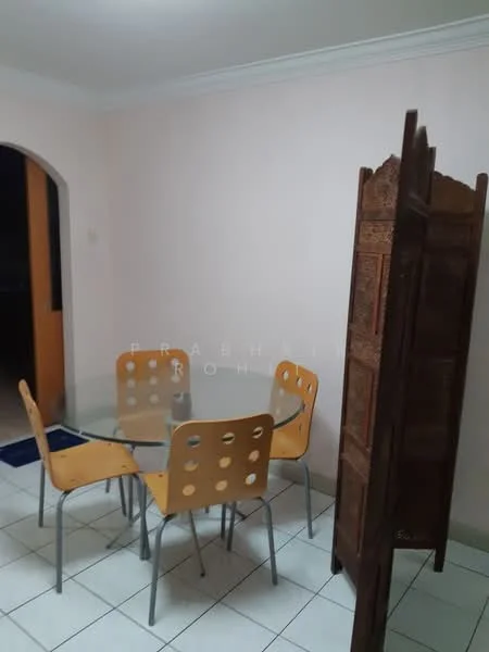 Dining features: glass dining table, 4 wooden chairs with cut-out design, cream painted walls, white tiled flooring, decorative wooden screen, arched doorway, ceiling with crown moulding; style: modern.
