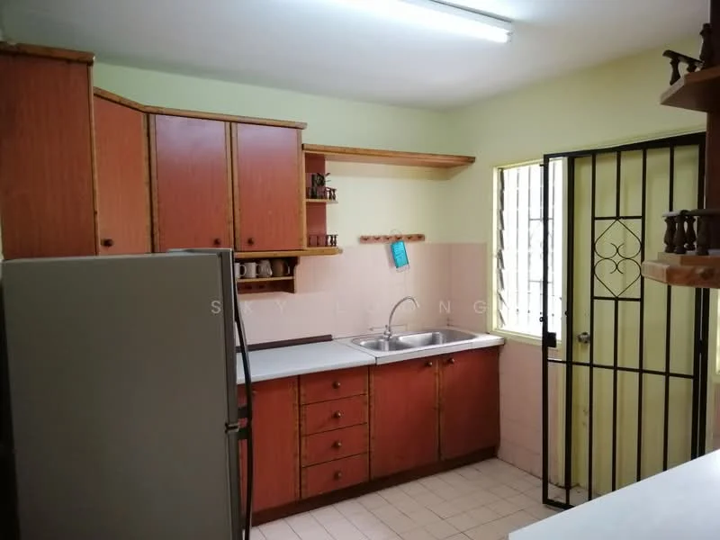 Kitchen features: wood cabinetry in reddish-brown, white laminate countertop, single-bowl stainless-steel sink, chrome faucet, built-in shelves, tile backsplash in light pink, white tiled flooring, refrigerator, window with security grill, light fixture on ceiling; style: traditional.
