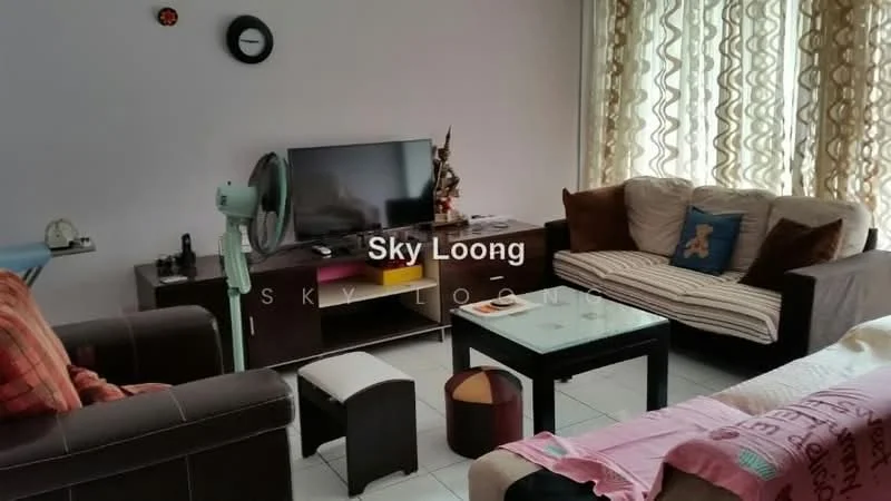 Living features: 3-seater fabric sofa in brown, 2-seater fabric sofa with striped pattern, glass coffee table, TV console, wall-mounted TV, floor fan, decorative statue, curtains with wave pattern, white tiled flooring, wall clock, decorative wall art; style: contemporary.