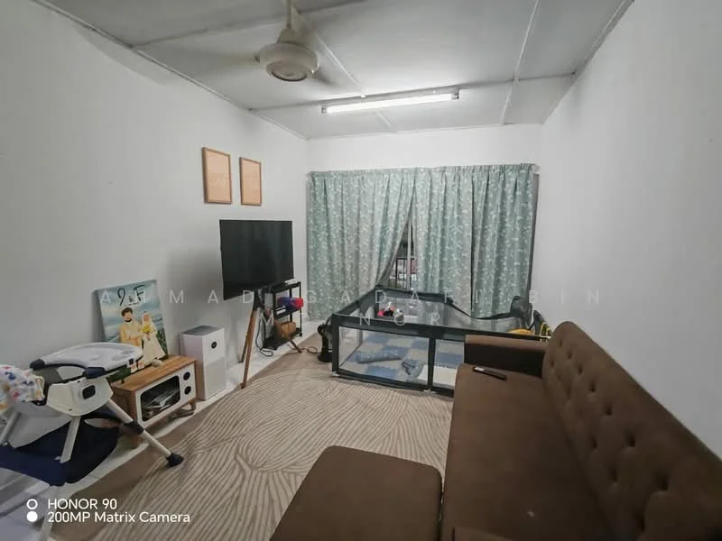 Living features: brown fabric sofa, glass coffee table, wall-mounted TV, TV console, light grey curtains, white painted walls, textured carpet, decorative wall art, floor lamp; style: modern.